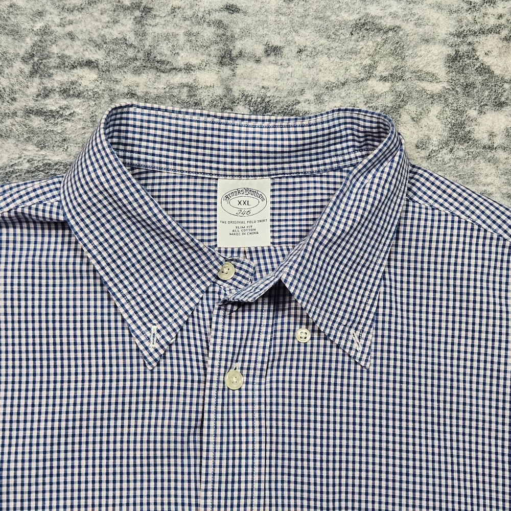 Brooks Brothers Slim Fit Short Sleeve Shirt Mens XXL Blue Gingham 346 Cotton
